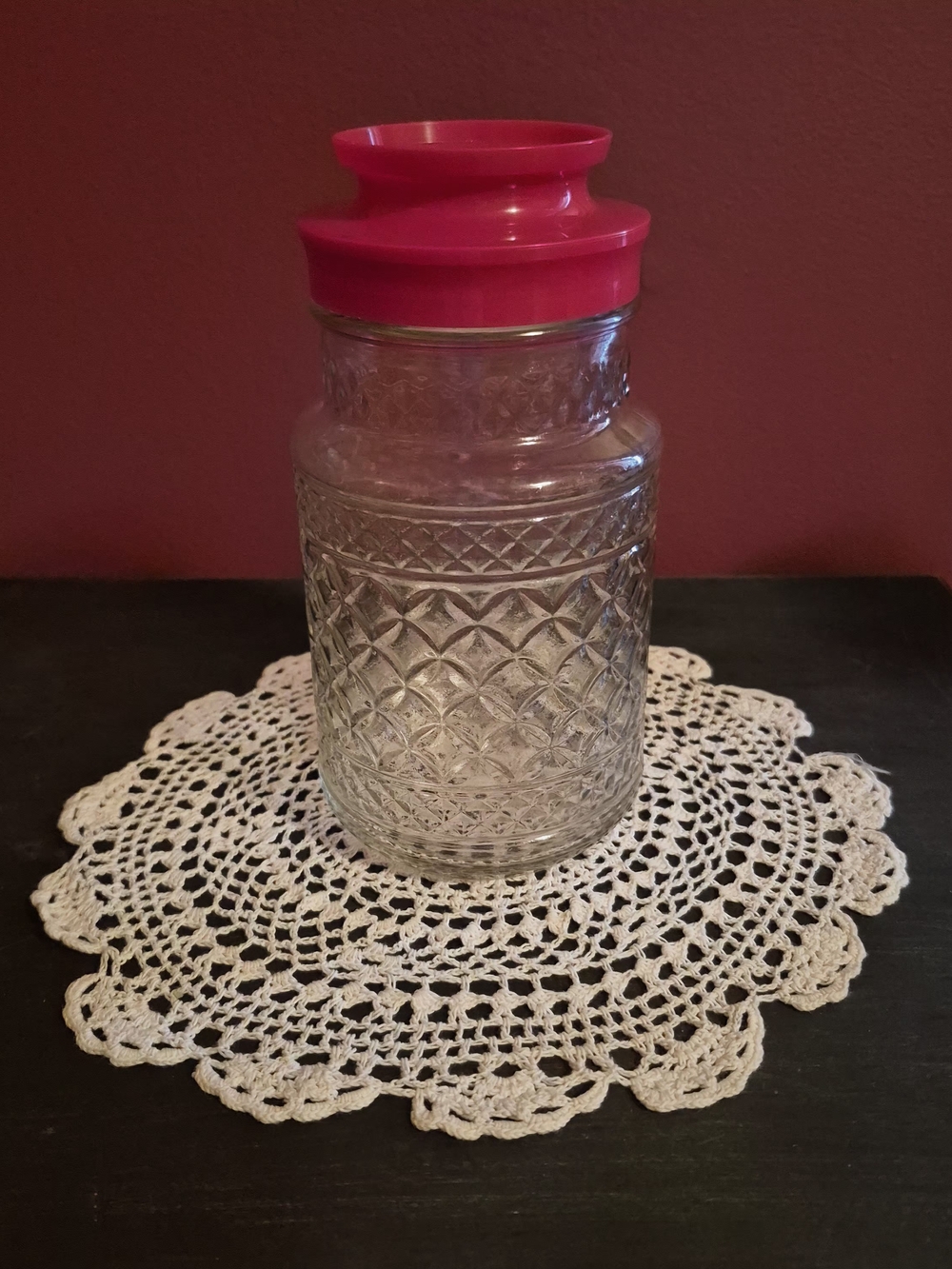 Vintage Diamond Pattern Glass Jar with Red Lid